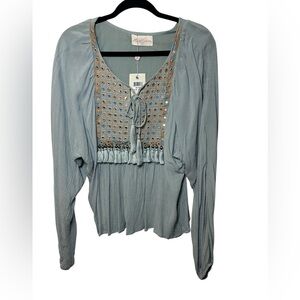 Miss June‎ Dusty Blue Flowy Top with Tassels One Size NWT Long Sleeve Boho
